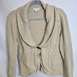 Charter Club Shawl Collar Cable Knit Cotton Cardigan, Cottagecore, Beige, Medium